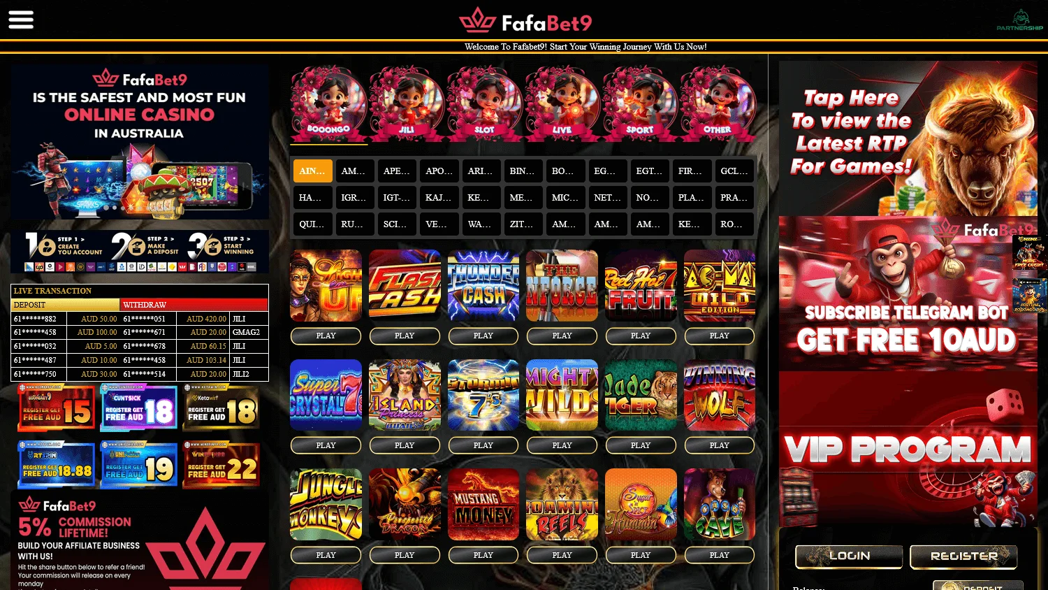 Fafabet9 Casino desktop game area with casino categories and provider titles